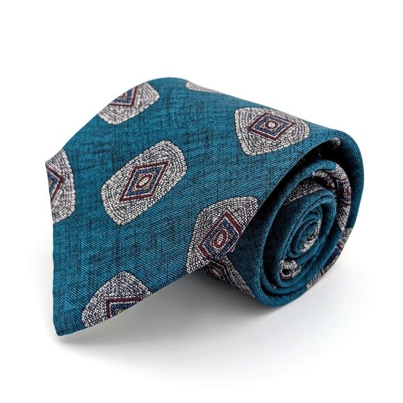 Vintage Oscar de la Renta Couture Mens Tie Repeating Geometric Print Teal Gray - Picture 1 of 7